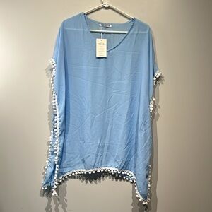 Blue Beach Cover Up with White Pom Poms Small